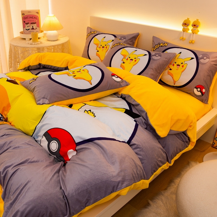 91家纺网 家纺一手货源 找家纺 一电 2025外贸跨境电商儿童卡通床上四件套亲肤牛奶绒学生三件床单被套加大珊瑚宝宝卡通单被套 圈圈皮卡丘