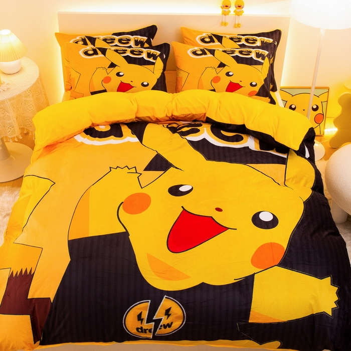 91家纺网 家纺一手货源 找家纺 一电 2025外贸跨境电商儿童卡通床上四件套亲肤牛奶绒学生三件床单被套加大珊瑚宝宝卡通单被套 闪电皮卡丘