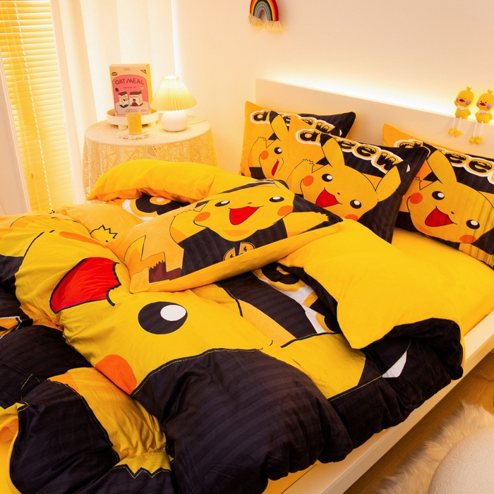 91家纺网 家纺一手货源 找家纺 一电 2025外贸跨境电商儿童卡通床上四件套亲肤牛奶绒学生三件床单被套加大珊瑚宝宝卡通单被套 闪电皮卡丘