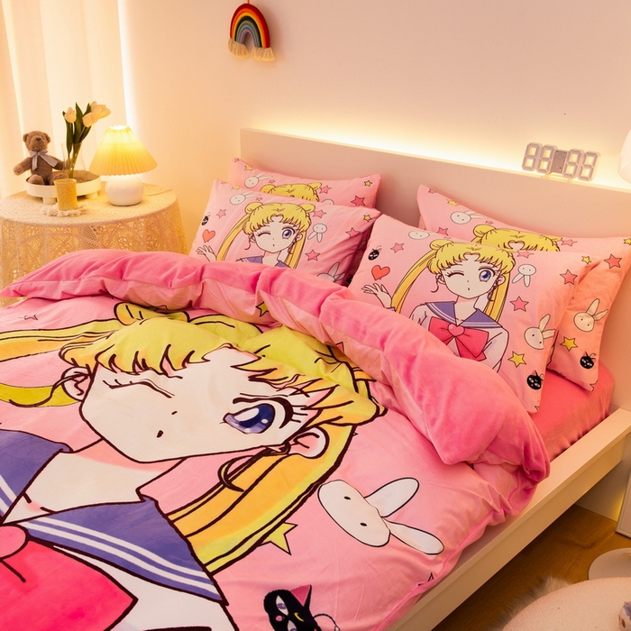 91家纺网 家纺一手货源 找家纺 一电 2025外贸跨境电商儿童卡通床上四件套亲肤牛奶绒学生三件床单被套加大珊瑚宝宝卡通3 爱心美少女