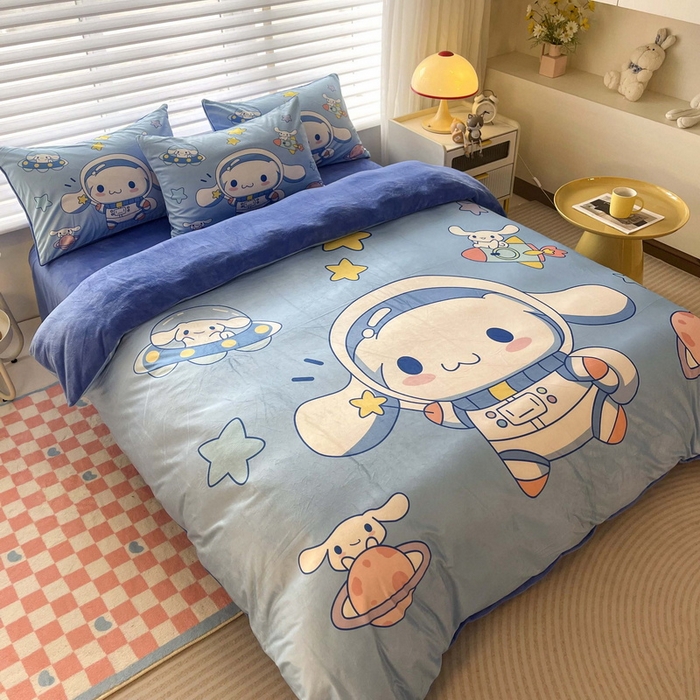 91家纺网 家纺一手货源 找家纺 一电 2025外贸跨境电商儿童卡通床上四件套亲肤牛奶绒学生三件床单被套加大珊瑚宝宝卡通单被套 太空玉桂狗