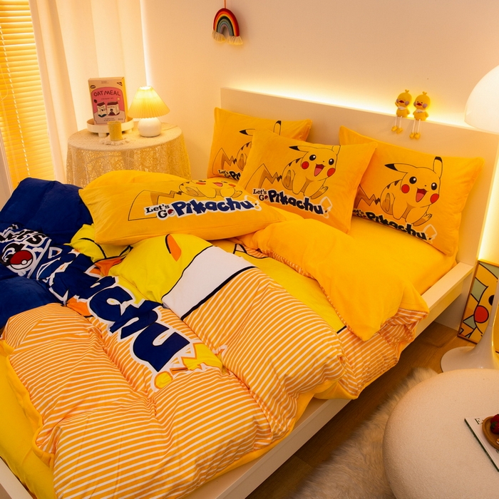 91家纺网 家纺一手货源 找家纺 一电 2025外贸跨境电商儿童卡通床上四件套亲肤牛奶绒学生三件床单被套加大珊瑚宝宝卡通单被套 淘气皮卡丘