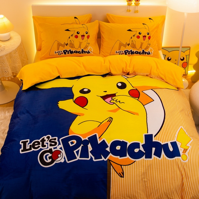 91家纺网 家纺一手货源 找家纺 一电 2025外贸跨境电商儿童卡通床上四件套亲肤牛奶绒学生三件床单被套加大珊瑚宝宝卡通单被套 淘气皮卡丘