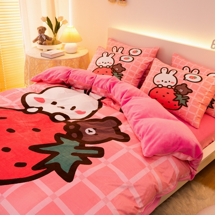 91家纺网 家纺一手货源 找家纺 一电 2025外贸跨境电商儿童卡通床上四件套亲肤牛奶绒学生三件床单被套加大珊瑚宝宝卡通单被套3 草莓动物
