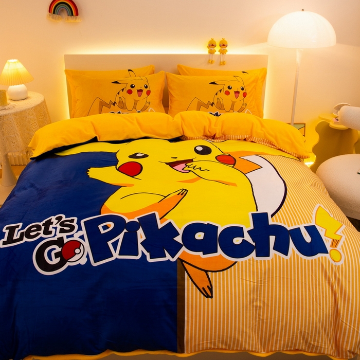 91家纺网 家纺一手货源 找家纺 一电 2025外贸跨境电商儿童卡通床上四件套亲肤牛奶绒学生三件床单被套加大珊瑚宝宝卡通单被套 淘气皮卡丘