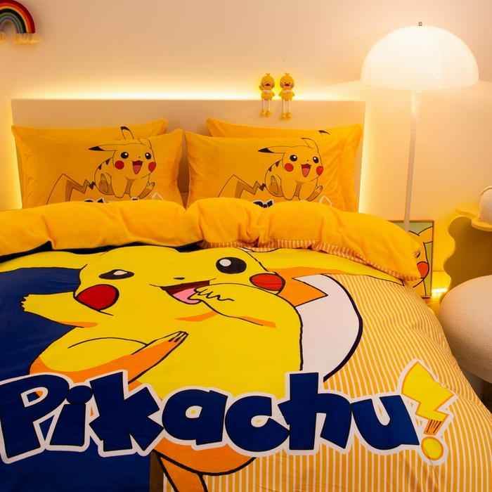 91家纺网 家纺一手货源 找家纺 一电 2025外贸跨境电商儿童卡通床上四件套亲肤牛奶绒学生三件床单被套加大珊瑚宝宝卡通单被套 淘气皮卡丘