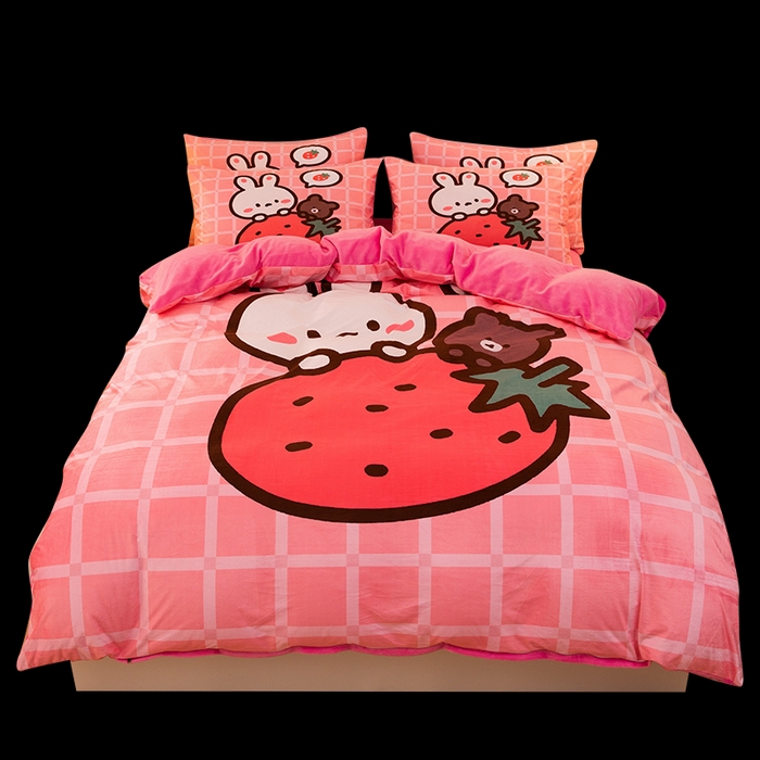 91家纺网 家纺一手货源 找家纺 一电 2025外贸跨境电商儿童卡通床上四件套亲肤牛奶绒学生三件床单被套加大珊瑚宝宝卡通单被套3 草莓动物