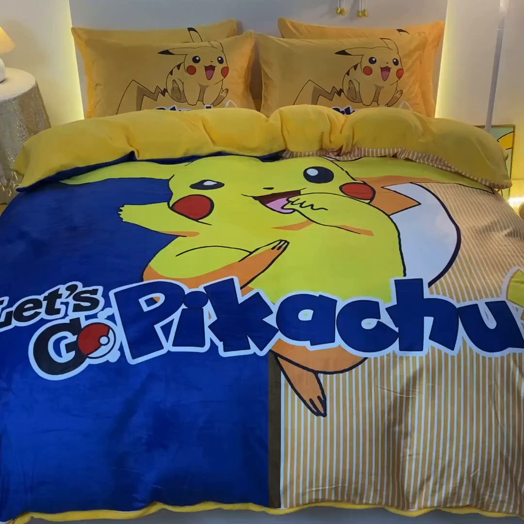 91家纺网 家纺一手货源 找家纺 一电 2025外贸跨境电商儿童卡通床上四件套亲肤牛奶绒学生三件床单被套加大珊瑚宝宝卡通单被套 淘气皮卡丘