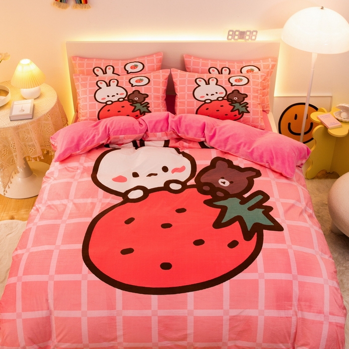 91家纺网 家纺一手货源 找家纺 一电 2025外贸跨境电商儿童卡通床上四件套亲肤牛奶绒学生三件床单被套加大珊瑚宝宝卡通3 草莓动物