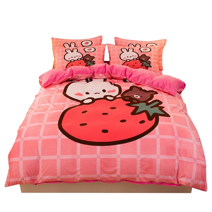 91家纺网 家纺一手货源 找家纺 一电 2025外贸跨境电商儿童卡通床上四件套亲肤牛奶绒学生三件床单被套加大珊瑚宝宝卡通3 草莓动物
