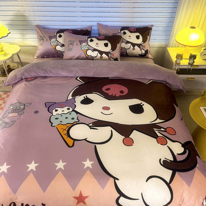 91家纺网 家纺一手货源 找家纺 一电 2025外贸跨境电商儿童卡通床上四件套亲肤牛奶绒学生三件床单被套加大珊瑚宝宝卡通单被套 甜筒库洛米