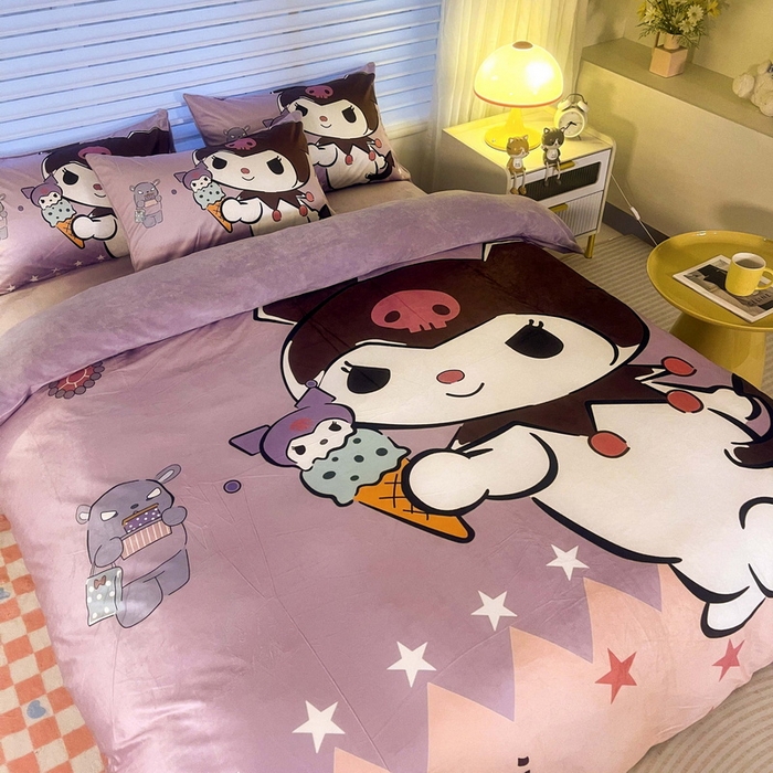 91家纺网 家纺一手货源 找家纺 一电 2025外贸跨境电商儿童卡通床上四件套亲肤牛奶绒学生三件床单被套加大珊瑚宝宝卡通单被套 甜筒库洛米