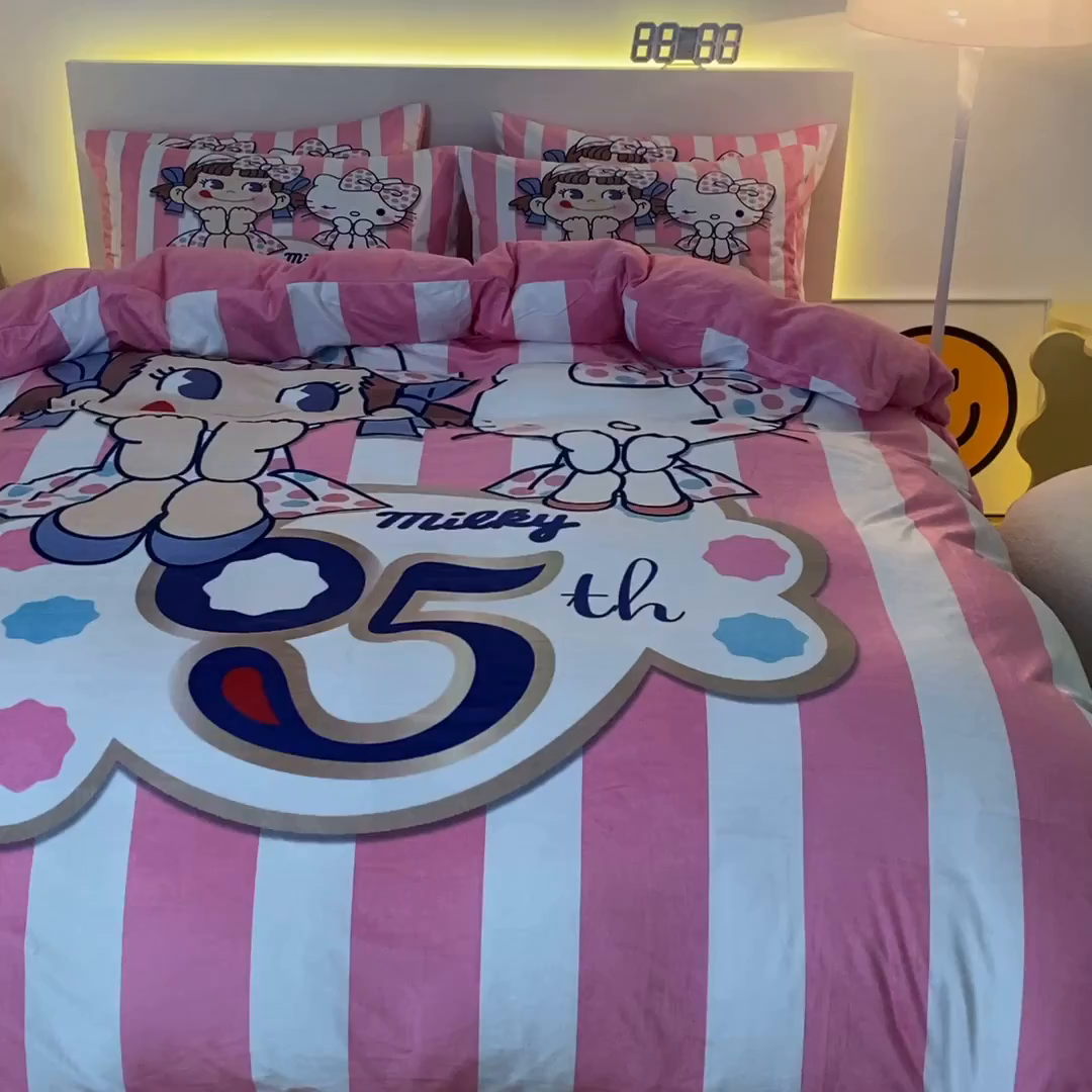 91家纺网 家纺一手货源 找家纺 一电 2025外贸跨境电商儿童卡通床上四件套亲肤牛奶绒学生三件床单被套加大珊瑚宝宝卡通单被套3 公主伙伴