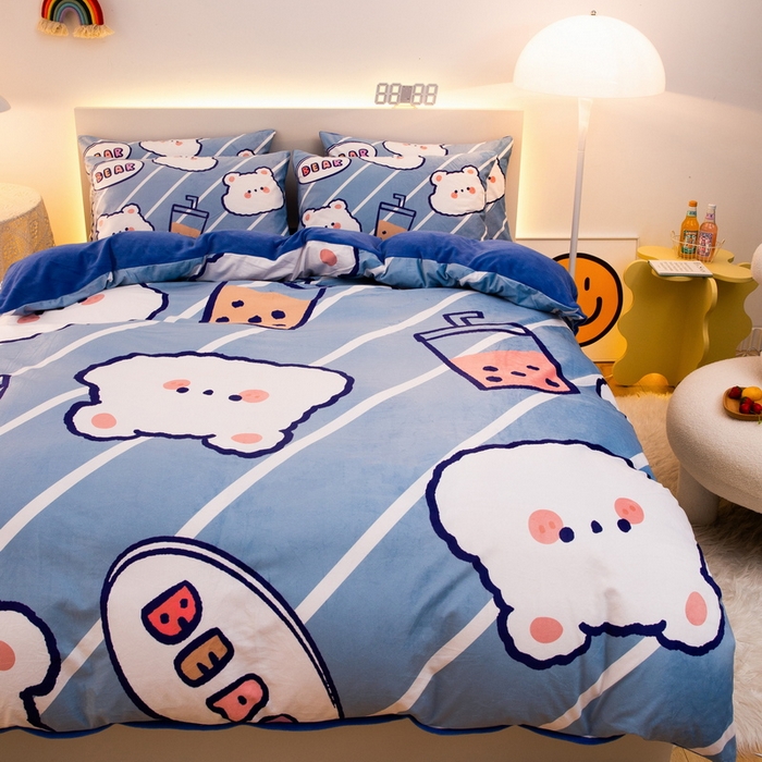 91家纺网 家纺一手货源 找家纺 一电 2025外贸跨境电商儿童卡通床上四件套亲肤牛奶绒学生三件床单被套加大珊瑚宝宝卡通单被套3 奶茶小熊