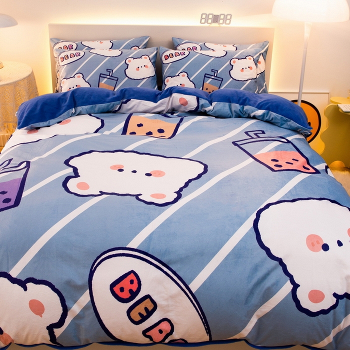 91家纺网 家纺一手货源 找家纺 一电 2025外贸跨境电商儿童卡通床上四件套亲肤牛奶绒学生三件床单被套加大珊瑚宝宝卡通单被套3 奶茶小熊