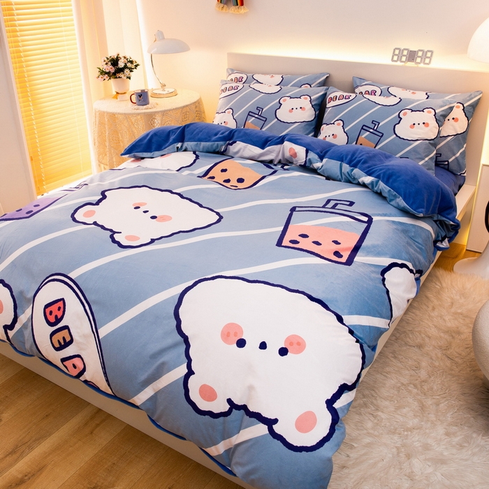 91家纺网 家纺一手货源 找家纺 一电 2025外贸跨境电商儿童卡通床上四件套亲肤牛奶绒学生三件床单被套加大珊瑚宝宝卡通单被套3 奶茶小熊