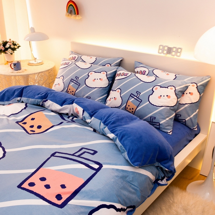 91家纺网 家纺一手货源 找家纺 一电 2025外贸跨境电商儿童卡通床上四件套亲肤牛奶绒学生三件床单被套加大珊瑚宝宝卡通单被套3 奶茶小熊