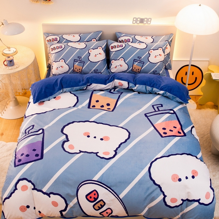 91家纺网 家纺一手货源 找家纺 一电 2025外贸跨境电商儿童卡通床上四件套亲肤牛奶绒学生三件床单被套加大珊瑚宝宝卡通3 奶茶小熊