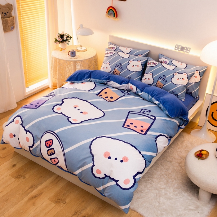 91家纺网 家纺一手货源 找家纺 一电 2025外贸跨境电商儿童卡通床上四件套亲肤牛奶绒学生三件床单被套加大珊瑚宝宝卡通单被套3 奶茶小熊