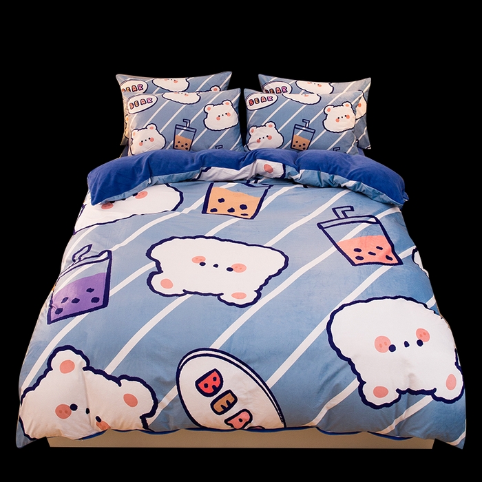 91家纺网 家纺一手货源 找家纺 一电 2025外贸跨境电商儿童卡通床上四件套亲肤牛奶绒学生三件床单被套加大珊瑚宝宝卡通单被套3 奶茶小熊