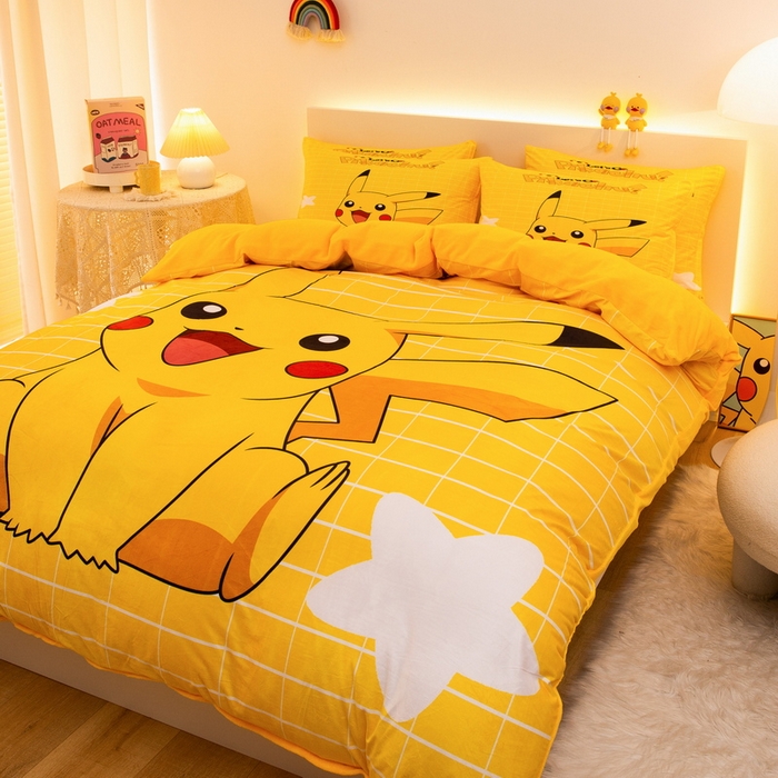 91家纺网 家纺一手货源 找家纺 一电 2025外贸跨境电商儿童卡通床上四件套亲肤牛奶绒学生三件床单被套加大珊瑚宝宝卡通单被套 网红皮卡丘