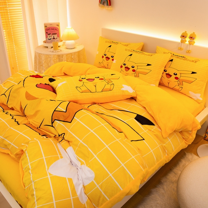 91家纺网 家纺一手货源 找家纺 一电 2025外贸跨境电商儿童卡通床上四件套亲肤牛奶绒学生三件床单被套加大珊瑚宝宝卡通单被套 网红皮卡丘