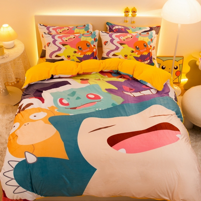 91家纺网 家纺一手货源 找家纺 一电 2025外贸跨境电商儿童卡通床上四件套亲肤牛奶绒学生三件床单被套加大珊瑚宝宝卡通单被套 嘻嘻皮卡丘