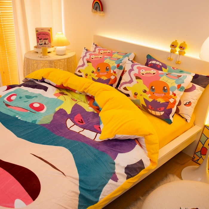 91家纺网 家纺一手货源 找家纺 一电 2025外贸跨境电商儿童卡通床上四件套亲肤牛奶绒学生三件床单被套加大珊瑚宝宝卡通单被套 嘻嘻皮卡丘