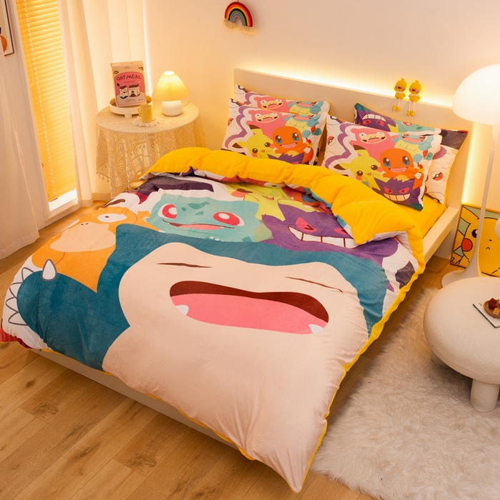91家纺网 家纺一手货源 找家纺 一电 2025外贸跨境电商儿童卡通床上四件套亲肤牛奶绒学生三件床单被套加大珊瑚宝宝卡通单被套 嘻嘻皮卡丘