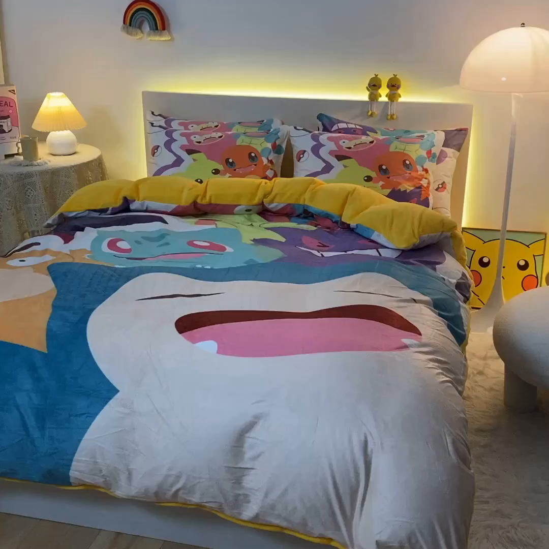 91家纺网 家纺一手货源 找家纺 一电 2025外贸跨境电商儿童卡通床上四件套亲肤牛奶绒学生三件床单被套加大珊瑚宝宝卡通单被套 嘻嘻皮卡丘
