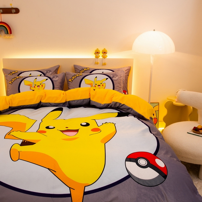 91家纺网 家纺一手货源 找家纺 一电 2025外贸跨境电商儿童卡通床上四件套亲肤牛奶绒学生三件床单被套加大珊瑚宝宝卡通3 圈圈皮卡丘