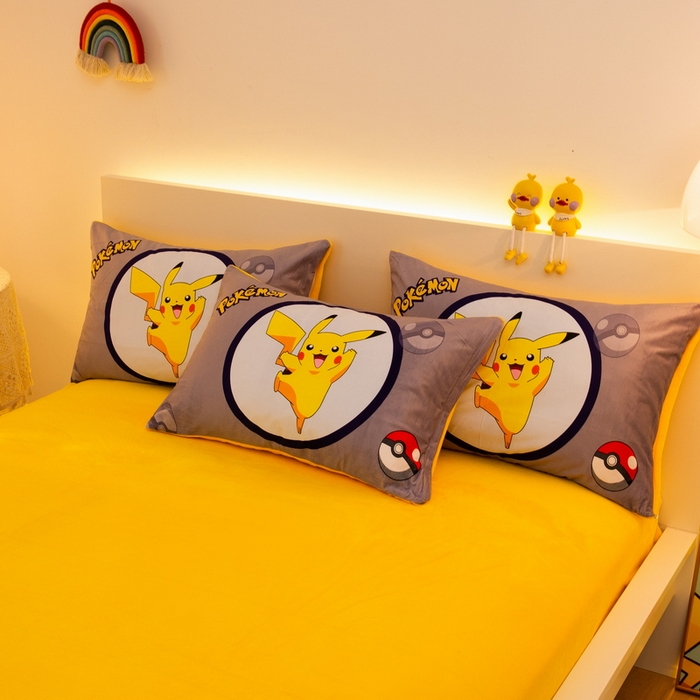 91家纺网 家纺一手货源 找家纺 一电 2025外贸跨境电商儿童卡通床上四件套亲肤牛奶绒学生三件床单被套加大珊瑚宝宝卡通单被套3 圈圈皮卡丘