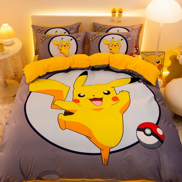 91家纺网 家纺一手货源 找家纺 一电 2025外贸跨境电商儿童卡通床上四件套亲肤牛奶绒学生三件床单被套加大珊瑚宝宝卡通单被套3 圈圈皮卡丘