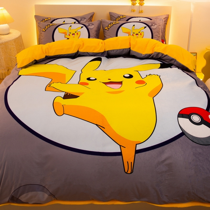 91家纺网 家纺一手货源 找家纺 一电 2025外贸跨境电商儿童卡通床上四件套亲肤牛奶绒学生三件床单被套加大珊瑚宝宝卡通单被套3 圈圈皮卡丘