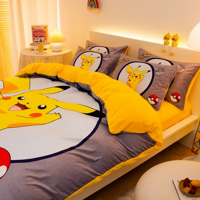 91家纺网 家纺一手货源 找家纺 一电 2025外贸跨境电商儿童卡通床上四件套亲肤牛奶绒学生三件床单被套加大珊瑚宝宝卡通单被套3 圈圈皮卡丘