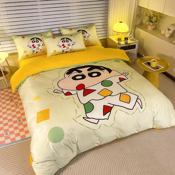 91家纺网 家纺一手货源 找家纺 一电 2025外贸跨境电商儿童卡通床上四件套亲肤牛奶绒学生三件床单被套加大珊瑚宝宝卡通单被套 小新