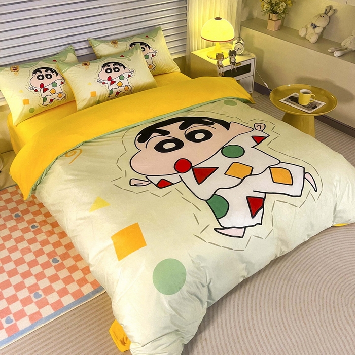 91家纺网 家纺一手货源 找家纺 一电 2025外贸跨境电商儿童卡通床上四件套亲肤牛奶绒学生三件床单被套加大珊瑚宝宝卡通单被套 小新