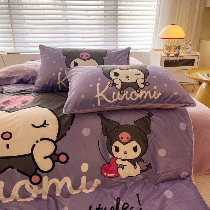 91家纺网 家纺一手货源 找家纺 一电 2025外贸跨境电商儿童卡通床上四件套亲肤牛奶绒学生三件床单被套加大珊瑚宝宝卡通单被套 圆点库洛米