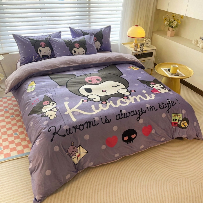 91家纺网 家纺一手货源 找家纺 一电 2025外贸跨境电商儿童卡通床上四件套亲肤牛奶绒学生三件床单被套加大珊瑚宝宝卡通单被套 圆点库洛米