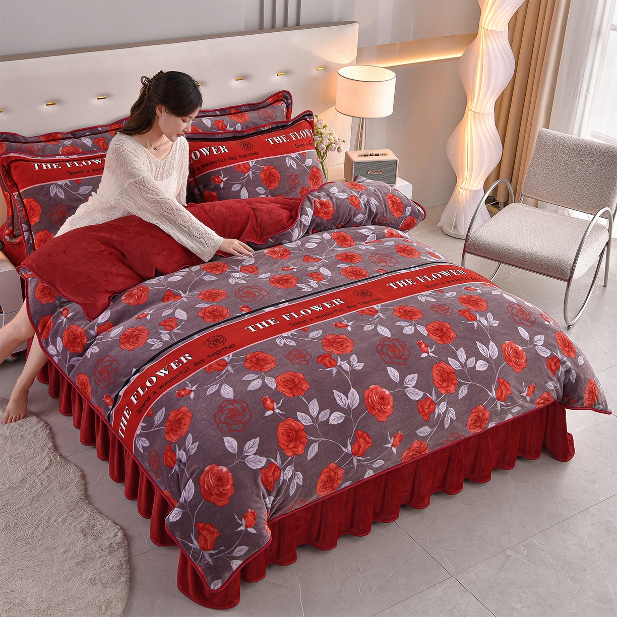 91家纺网 家纺一手货源 找家纺 赛丽雅 2025新款牛奶绒床裙四件套8-9斤法莱绒直播爆款日产2万套 花妖