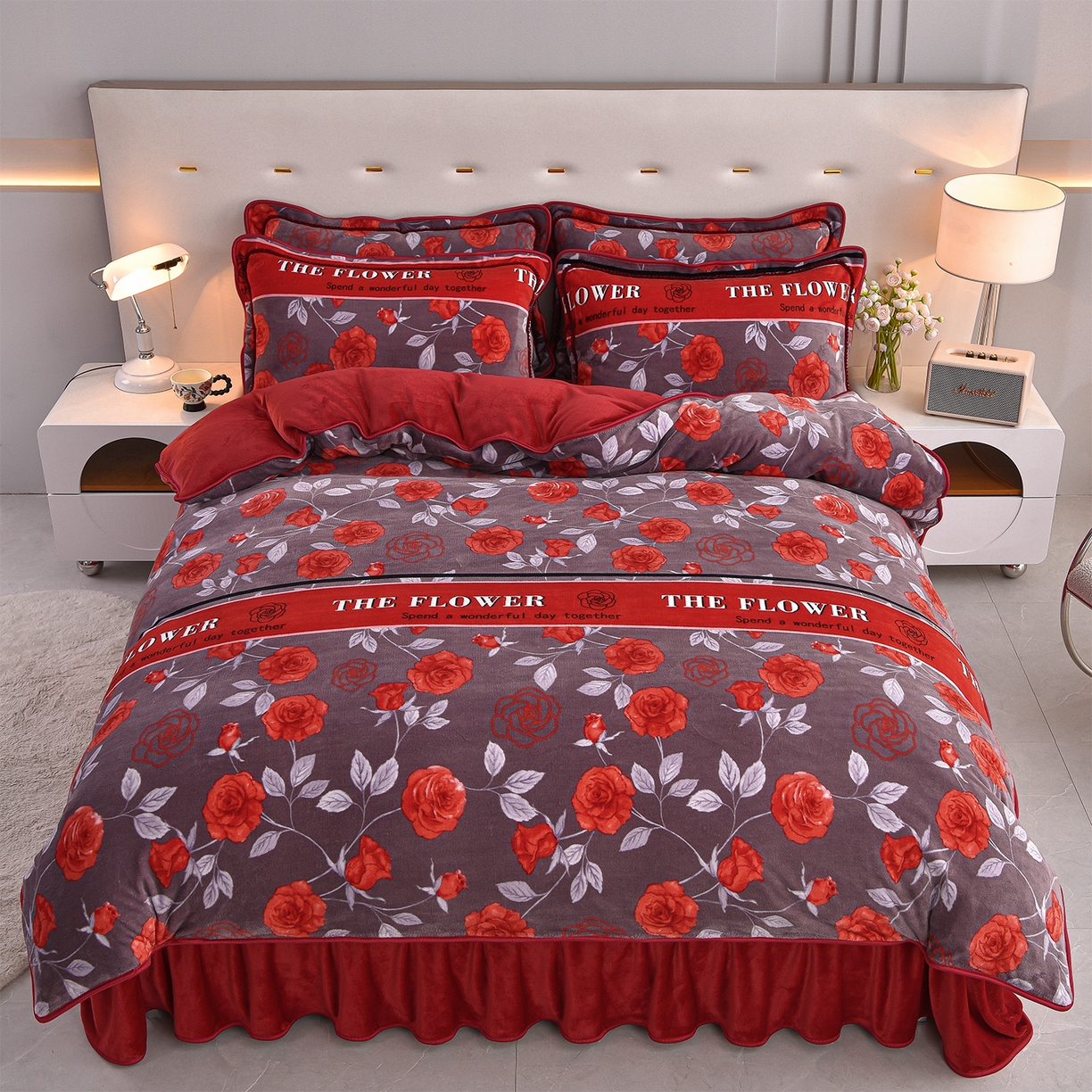 91家纺网 家纺一手货源 找家纺 赛丽雅 2025新款牛奶绒床裙四件套8-9斤法莱绒直播爆款日产2万套 花妖