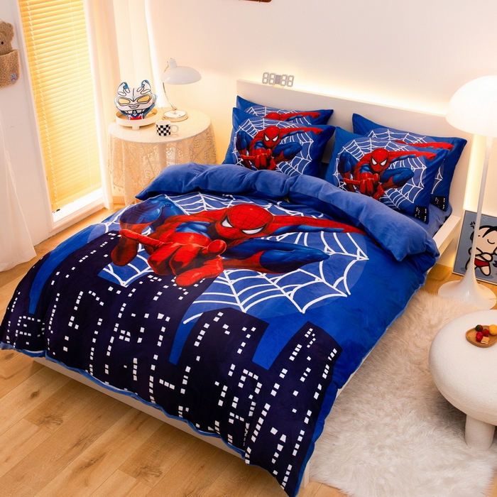 91家纺网 家纺一手货源 找家纺 一电 2025外贸跨境电商儿童卡通床上四件套亲肤牛奶绒学生三件床单被套加大珊瑚宝宝卡通单被套 蜘蛛侠