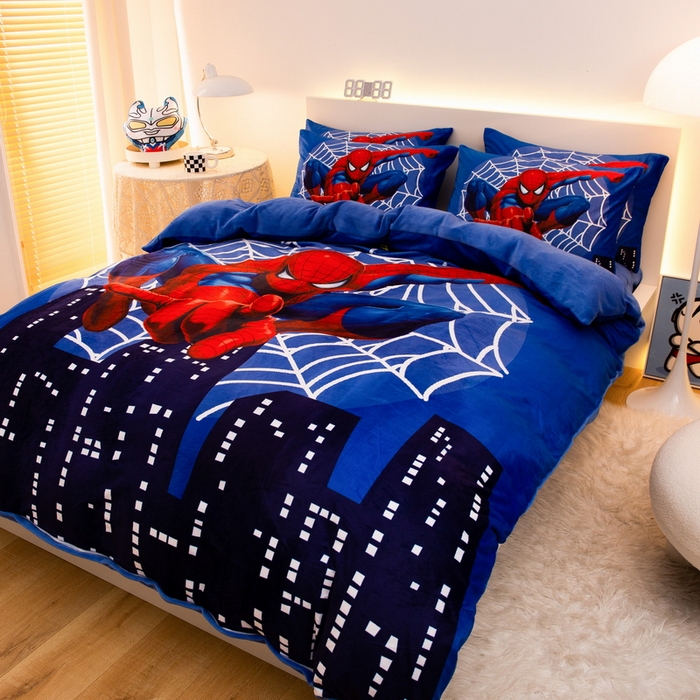 91家纺网 家纺一手货源 找家纺 一电 2025外贸跨境电商儿童卡通床上四件套亲肤牛奶绒学生三件床单被套加大珊瑚宝宝卡通单被套 蜘蛛侠