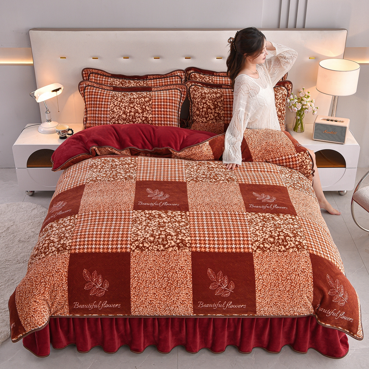 91家纺网 家纺一手货源 找家纺 赛丽雅 2025新款牛奶绒床裙四件套8-9斤法莱绒直播爆款日产2万套 布拉格