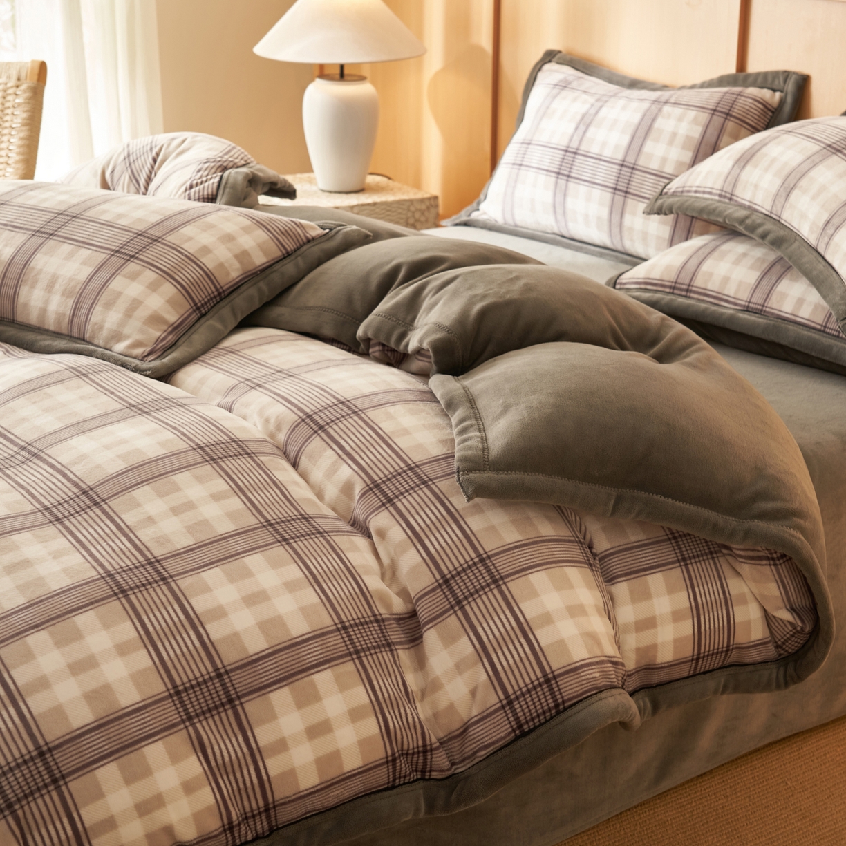 91家纺网 家纺一手货源 找家纺 寐绸家纺 2025秋冬新款牛奶绒无印风四件套 无印风四件套-洛卡灰格