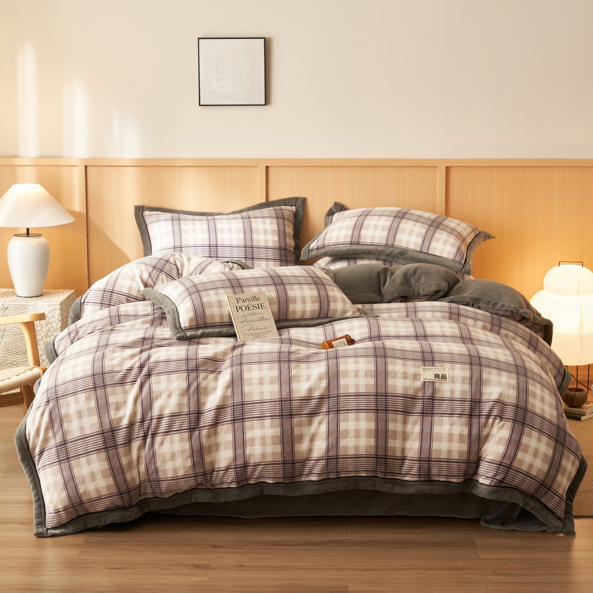 91家纺网 家纺一手货源 找家纺 寐绸家纺 2025秋冬新款牛奶绒无印风四件套 无印风四件套-洛卡灰格