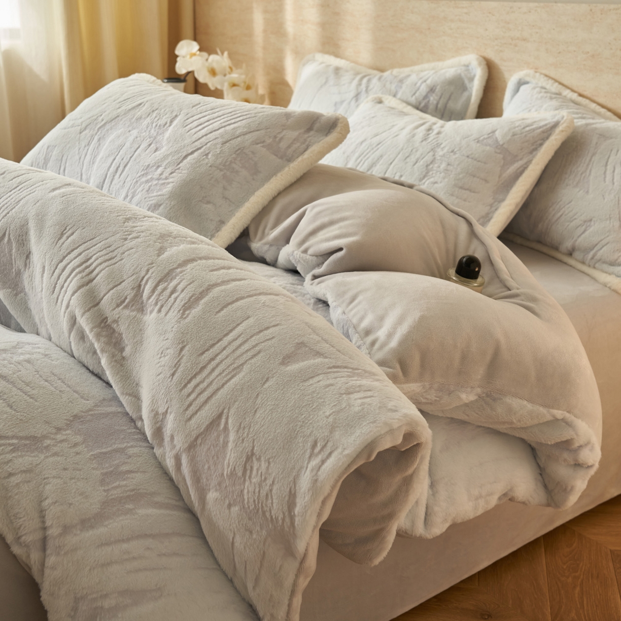 91家纺网 家纺一手货源 找家纺 （总）寐绸家纺 2025秋冬新款350g兔毛雕花牛奶绒四件套