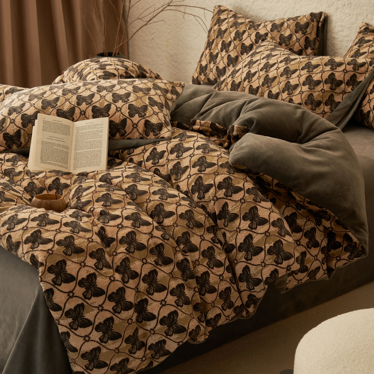 91家纺网 家纺一手货源 找家纺 寐绸家纺 2025秋冬新款230g中古风牛奶绒雕花四件套 法式-蝴蝶纷飞