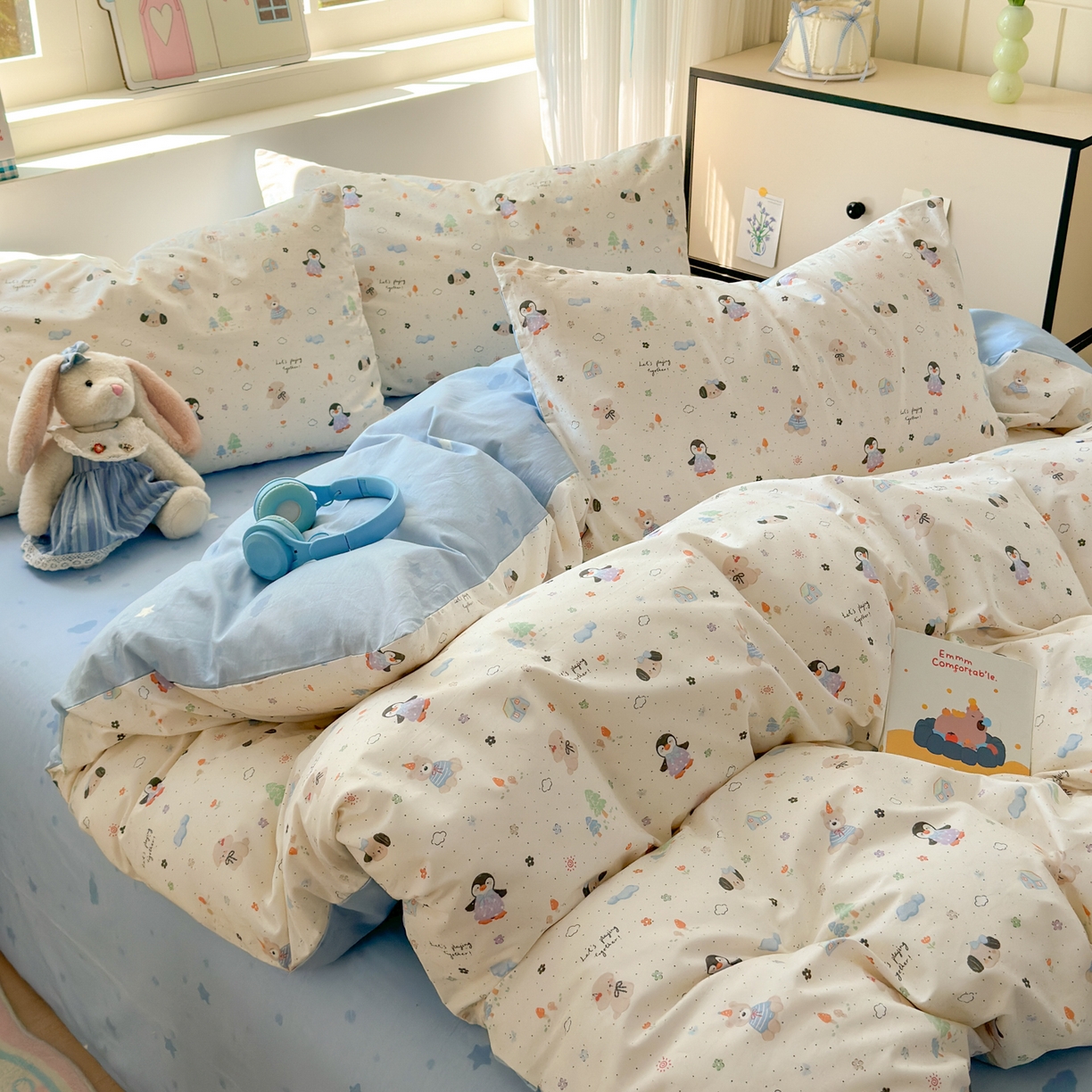 91家纺网 家纺一手货源 找家纺 清雅福 2026春夏新品全棉13372小清新四件套系列 QQ乐园