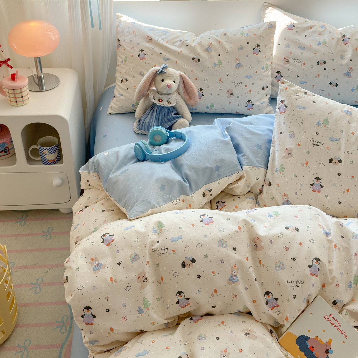 91家纺网 家纺一手货源 找家纺 清雅福 2026春夏新品全棉13372小清新四件套系列 QQ乐园